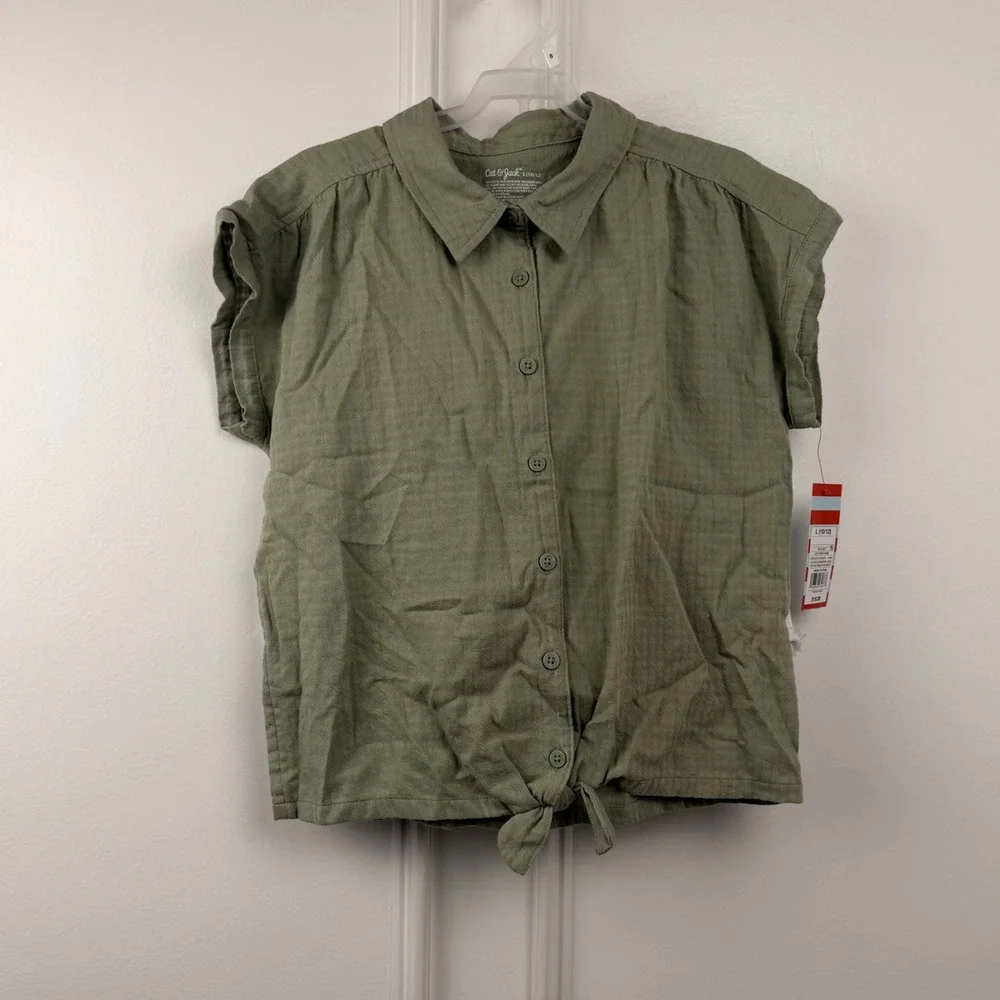 Cat & Jack Girls 2pc Set Olive Green Tie Front Shirt White Denim Shorts L 10/12
